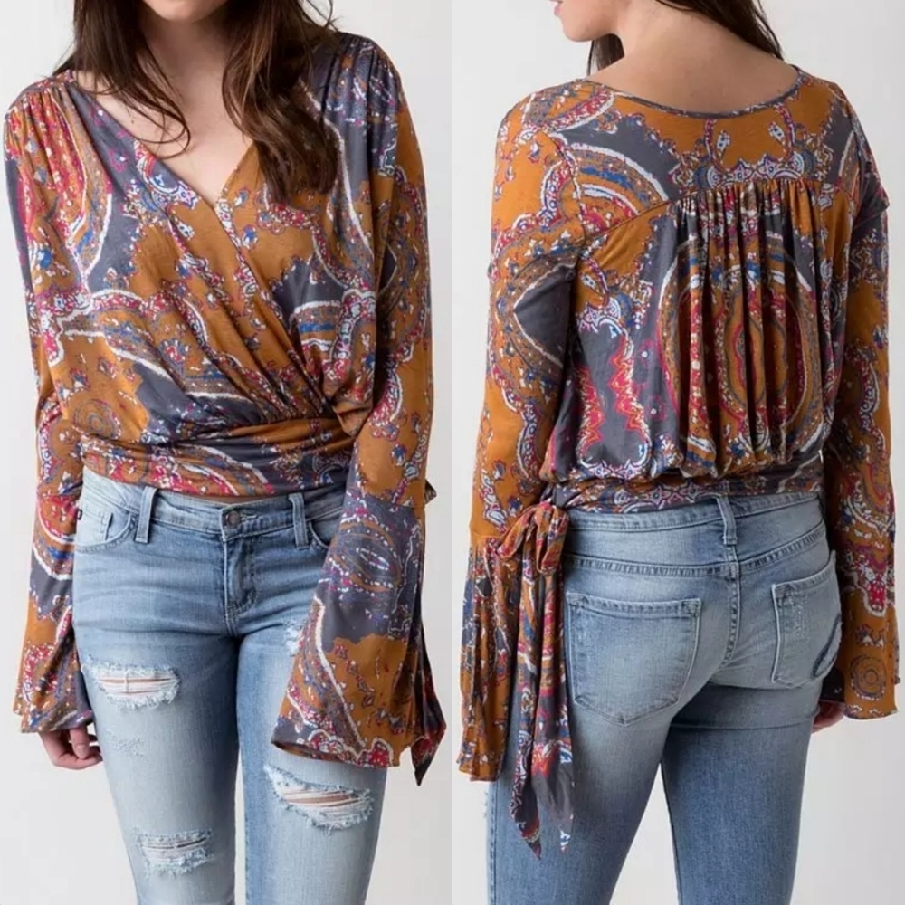 Free People Fiona Paisley Bell Sleeve Wrap Top in Orange & Dusty Periwinkle Sz M